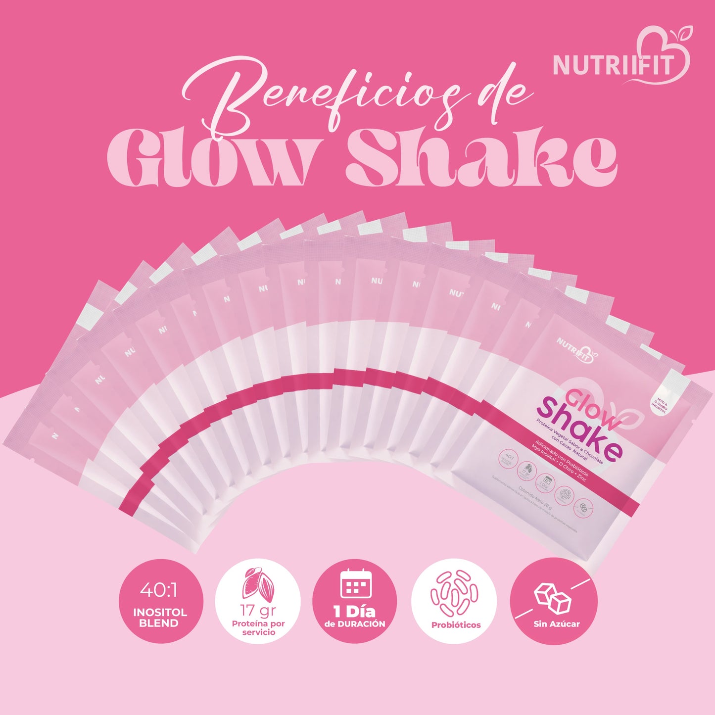 Glow Shake Nutriifit – 16 Sachets Individuales | Proteína Vegetal con Myo & D-Chiro Inositol 40:1, Probióticos y Zinc | Sabor Cacao