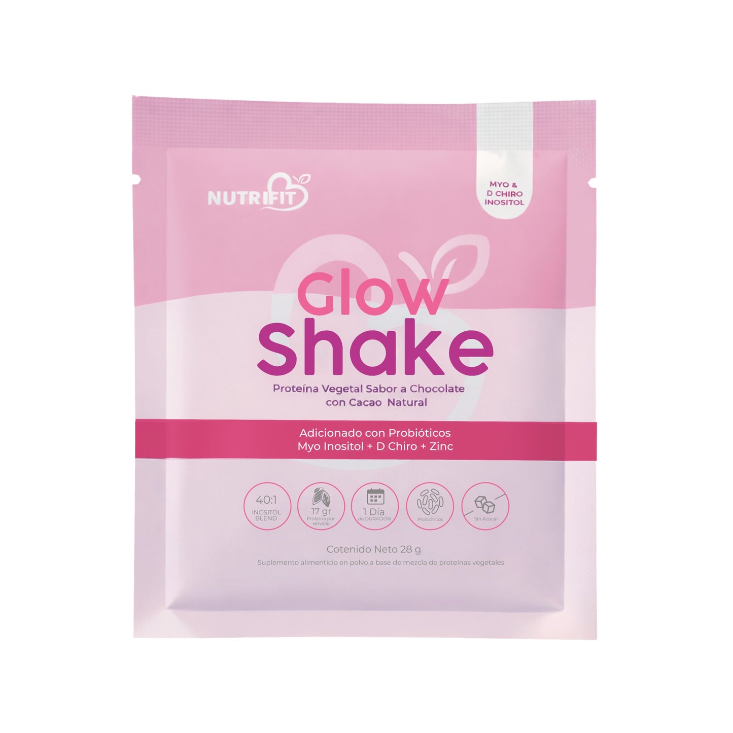 Glow Shake Nutriifit – 16 Sachets Individuales | Proteína Vegetal con Myo & D-Chiro Inositol 40:1, Probióticos y Zinc | Sabor Cacao